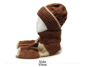 Side view of knit hat and scarf set with thick cable pattern in beige and brown