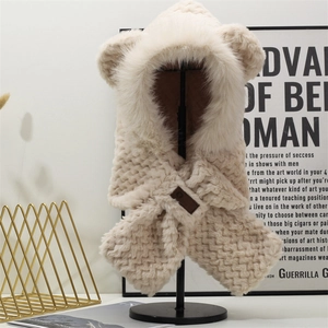 Winter Warm Hooded Scarf Hat With Bear Ears For Women Fleece Lined Thick Plush Faux Fur Trim Balaclava Integrated Hat