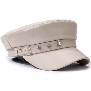 Chic beige PU leather flat top military hat with silver star rivets and retro style