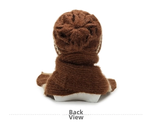 Detailed back view of a thick brown cable-knit hooded scarf with warm fleece lining