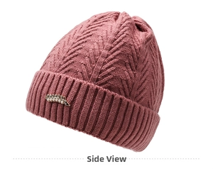 Close-up of pink knit hat with textured ripple pattern and pearl leaf buckle