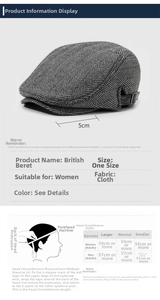Size chart for British style beret with head measurement guide and product dimensions
