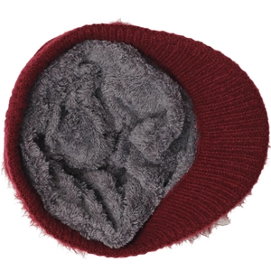 Detailed view of the dark red knitted winter hat with thick grey fleece lining interior