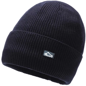 Winter thermal ribbed knit beanie with mountain logo patch and fleece lining in dark navy