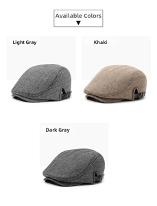 Detailed view of herringbone wool caps in grey and khaki with leather buckle straps