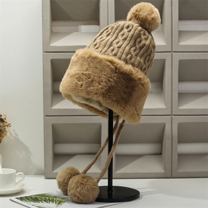 Women Winter Thick Knit Beanie Hat With Faux Fur Trim And Pom Pom Earflap Warm Outdoor Cable Knit Trapper Hat