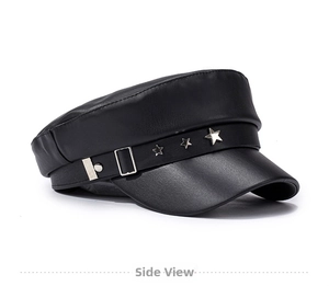 Detail of black PU leather baker boy hat with silver star rivets and buckle strap