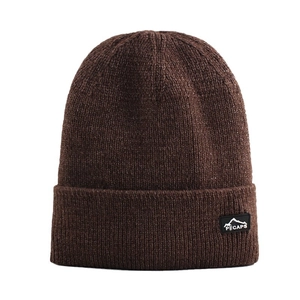 Winter thermal knit beanie in dark coffee brown with ribbed design and logo patch