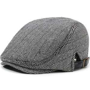 Vintage herringbone newsboy cap for men with adjustable leather strap and bronze buckle