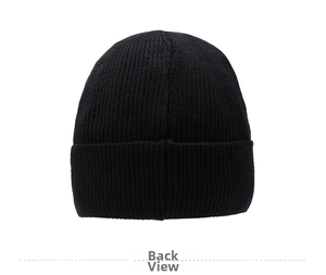 Close-up of black ribbed knit beanie back view with soft texture for winter wear