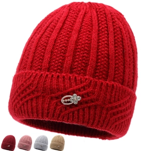 Women Winter Warm Knit Beanie Hat Fleece Lined Thick Thermal Headwear With Rhinestone Flower Decoration For Elderly Mothers
