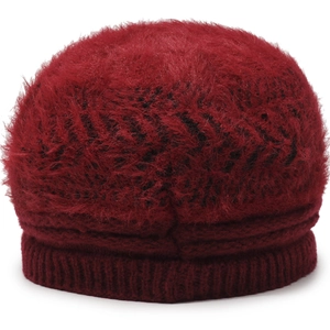 Detail of dark red winter knit hat featuring fluffy faux rabbit fur and thick warm lining