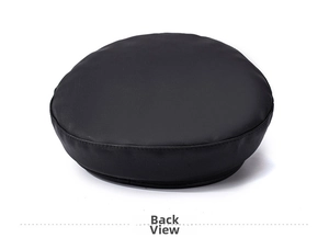 Back view detail of a black faux leather flat top cap with precise stitching quality