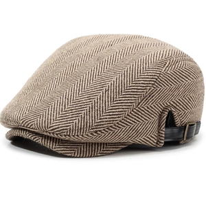 Classic herringbone flat cap for men with adjustable side leather straps in brown