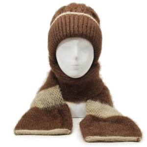 Winter knitted hood scarf combo in brown and beige patchwork with thick fleece lining