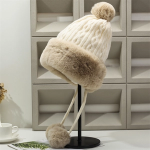 Winter fleece-lined knit beanie with faux fur earflaps and plush pom poms for women