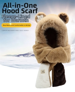 Detail of light brown plush hat with cute bear ears and integrated winter neck warmer