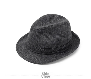 Vue latérale du chapeau fedora gris pour homme avec texture chaude et ruban noir élégant