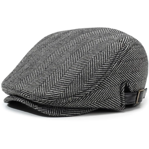 Classic men's herringbone newsboy cap in grey tweed with adjustable leather side buckle