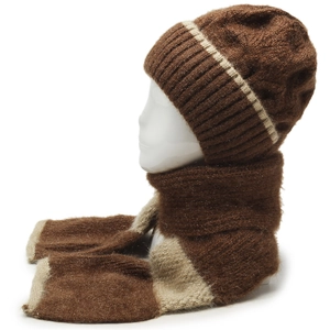 Close-up of thick knitted winter hat and scarf set with brown and beige splicing texture