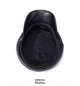 Detail view of the black PU leather flat top hat featuring adjustable inner lining straps