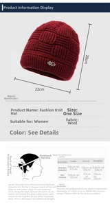 Size guide for winter knit hat showing head circumference chart and 20x22cm dimensions