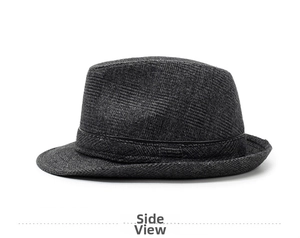 Vue latérale d'un chapeau fedora en tweed gris foncé pour homme avec ruban noir décoratif