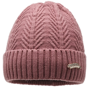 Detail of herringbone knit texture and metal leaf accessory with pearls on a pink hat