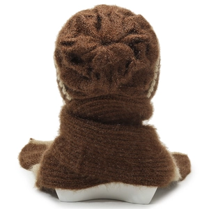 Back view of thick knit brown balaclava hat with integrated neck warmer and soft texture