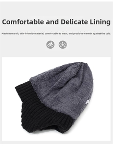 Close-up of winter knit hat showing soft thick fleece lining and warm texture details