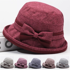 Cappello a Secchiello in Poliestere con Fiocco Stile Francese per Donna Protezione Solare Pieghevole Elegante Retro Tinta Unita