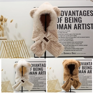 Plush bear ear hooded scarf set in warm winter fleece available in three colors
