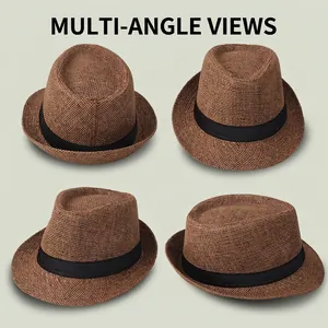 Classic dark brown straw fedora hat with black band, multi-angle view for summer sun protection