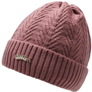 Close-up of thick knitted bean red elderberry hat with fleece lining and pearl metal leaf