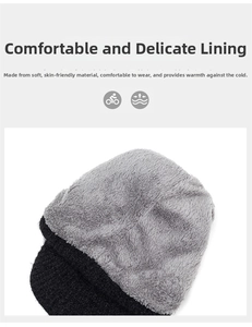 Detail of winter knit hat showing thick grey faux fur lining for thermal warmth