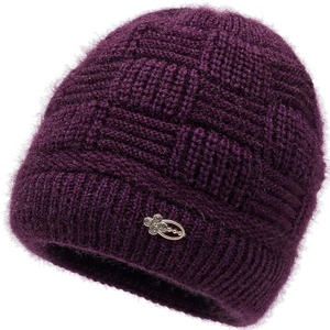 Deep purple winter knit hat for women with plush lining and decorative metal floral clip