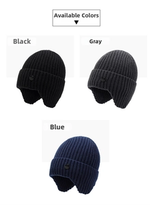 Close-up of three knitted winter beanies with ear flaps in black, grey, and blue colors