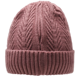 Detail of cable knit pattern and ribbed cuff on a warm pink winter hat for women