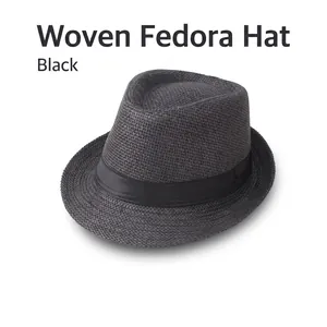 Detail of black woven fedora hat featuring classic indented crown and satin ribbon band