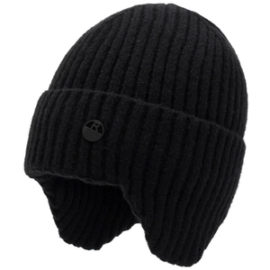 Men's black knitted trapper hat with fleece lining and metal R logo for winter sports