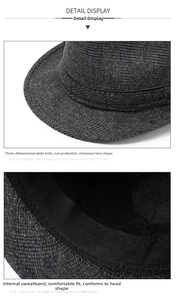 Détails du chapeau en laine à carreaux gris foncé avec large bord et bandeau interne