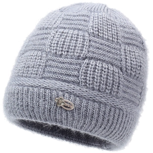 Winter grey knit beanie for women with plush lining and decorative floral metal buckle