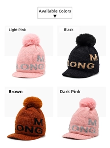 Winter chenille knit hats with pom-poms shown in pink, black, and brown colors