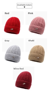 Winter knit hats for elderly women in red, pink, grey, and khaki colors with flower detail