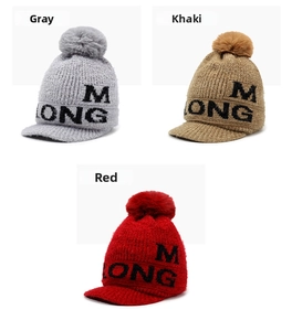 Three colors of knitted winter beanies with soft pom-poms and M ONG letter patterns