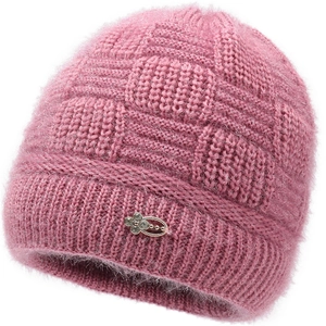 Pink chunky knit beanie for women with warm fleece lining and silver floral crystal decor