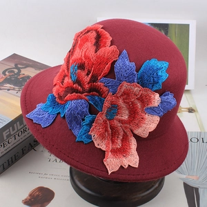 Burgundy wool felt cloche hat with colorful ethnic floral embroidery for women