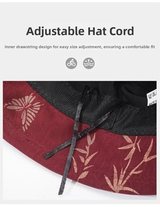 Internal detail of red floral sun hat showing adjustable drawstring for custom fitting
