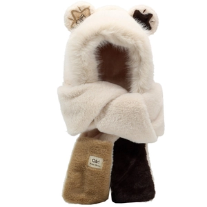 Winter plush 3-in-1 hat scarf and glove set with cute bear ears in cream and brown