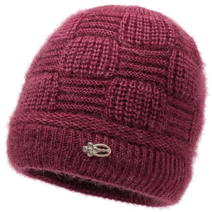 Winter knitted hat for elderly women in deep magenta with fleece lining and floral metal buckle